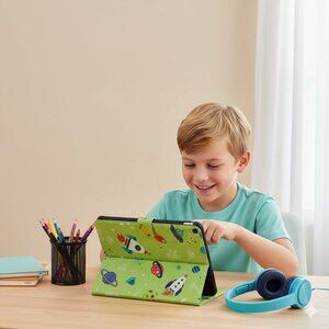 Kids Space-Themed Tablet Case with Stand – Colorful Rockets and Planets Design